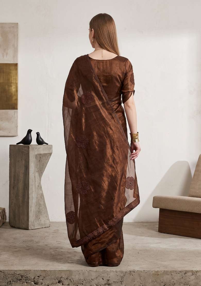 Brown Floral Print Georgette Saree Set - Indya