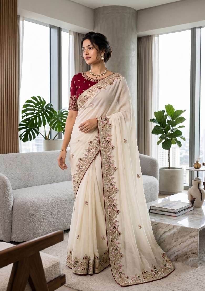 Off White Floral Print Georgette Saree Set - Indya