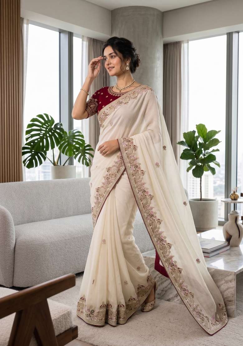 Off White Floral Print Georgette Saree Set - Indya
