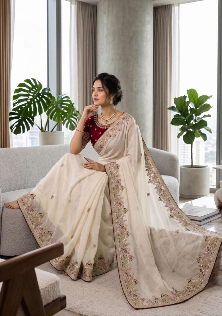 Off White Floral Print Georgette Saree Set - Indya