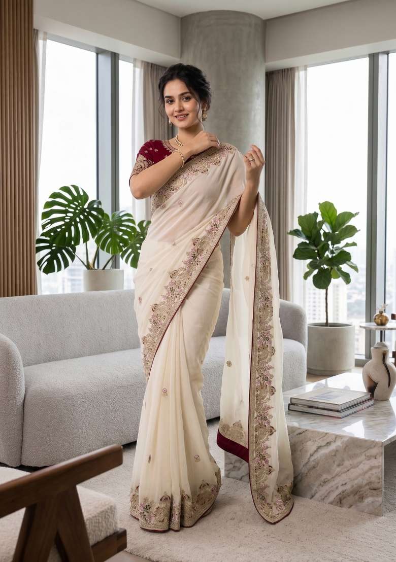 Off White Floral Print Georgette Saree Set - Indya