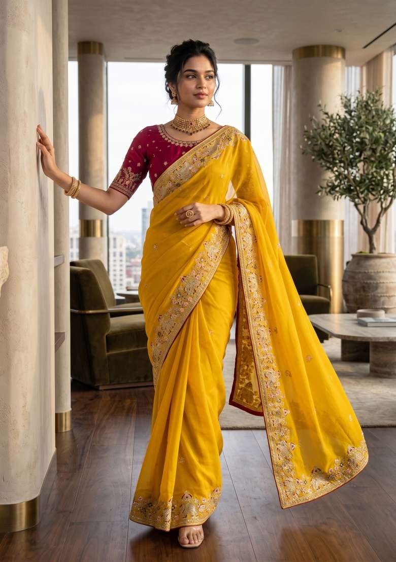 Mustard Floral Print Georgette Saree Set - Indya