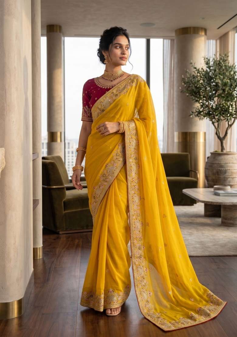 Mustard Floral Print Georgette Saree Set - Indya