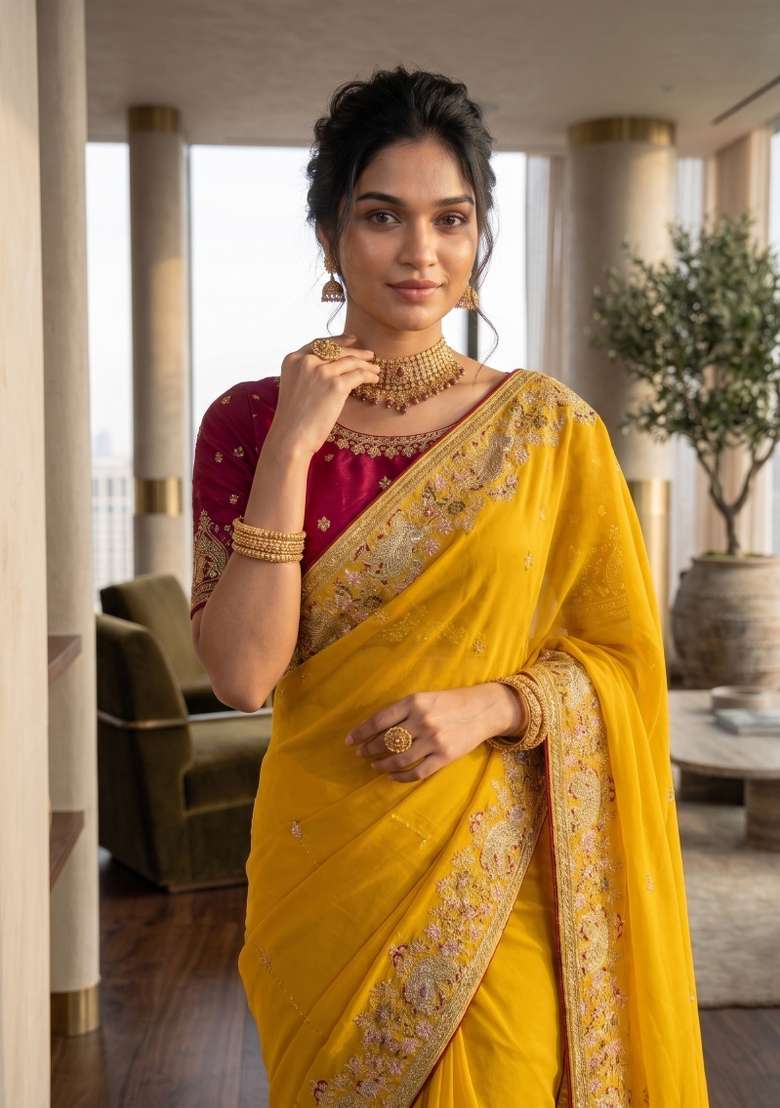 Mustard Floral Print Georgette Saree Set - Indya