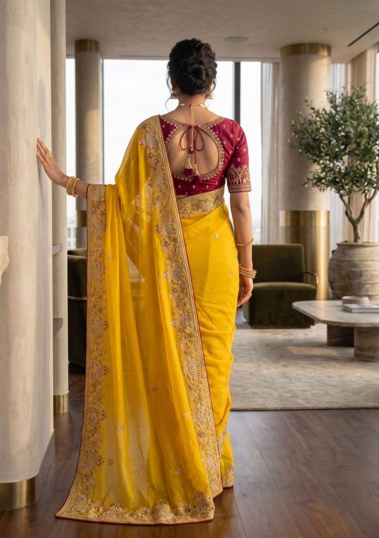 Mustard Floral Print Georgette Saree Set - Indya