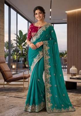 Teal Floral Print Georgette Saree Set