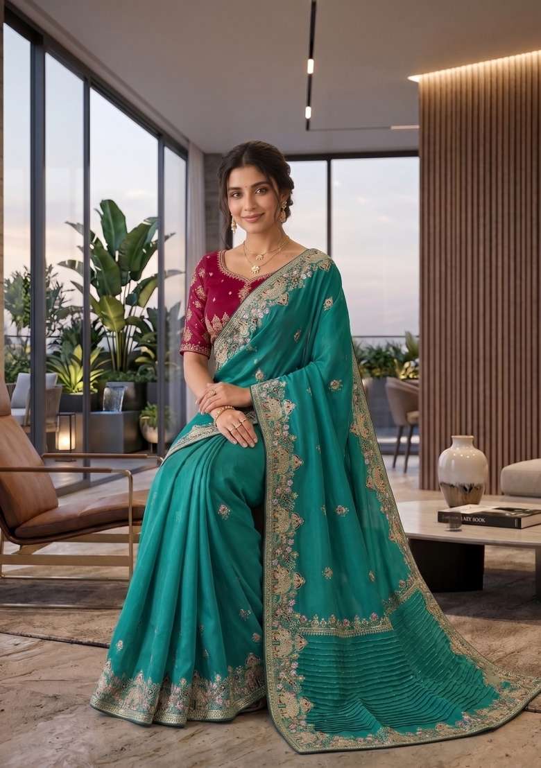 Teal Floral Print Georgette Saree Set - Indya