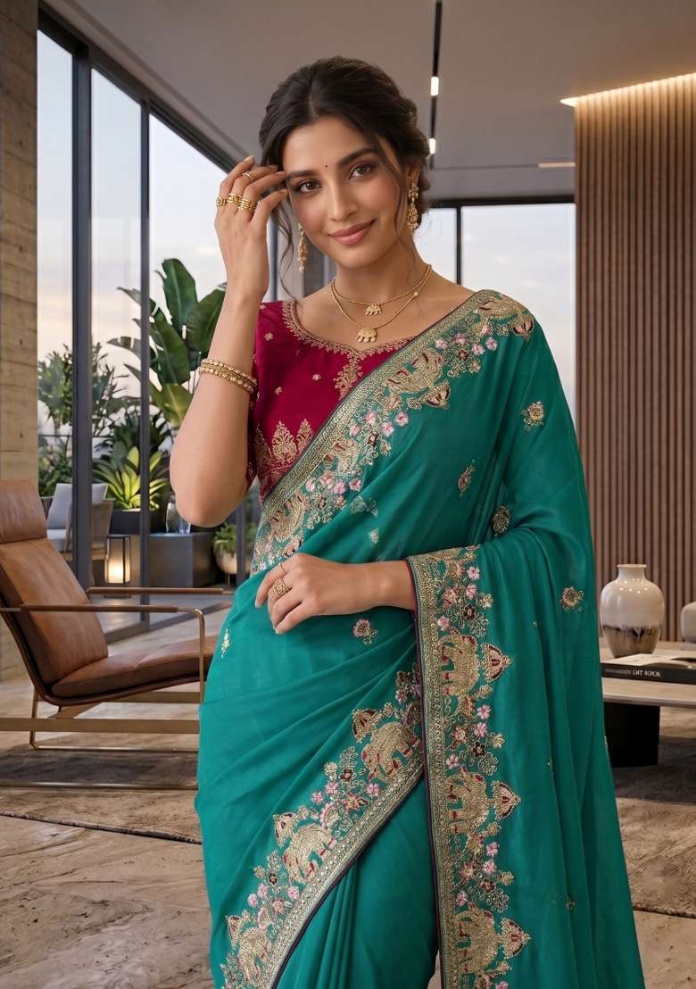 Teal Floral Print Georgette Saree Set - Indya
