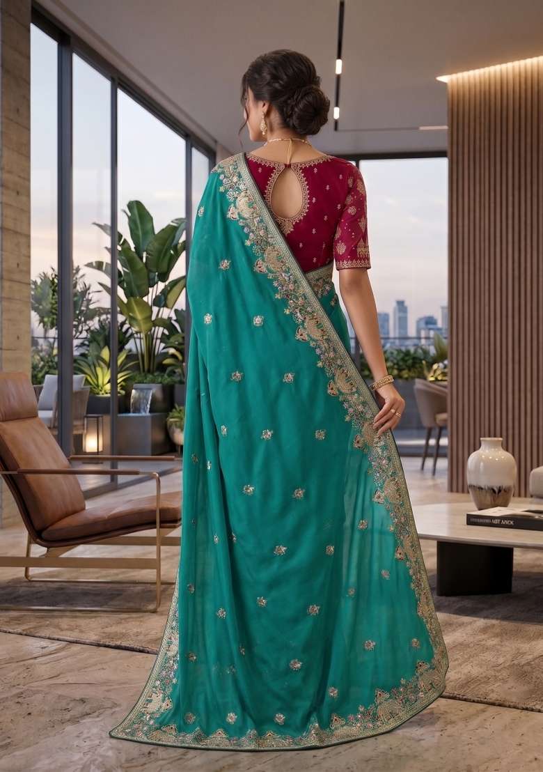 Teal Floral Print Georgette Saree Set - Indya