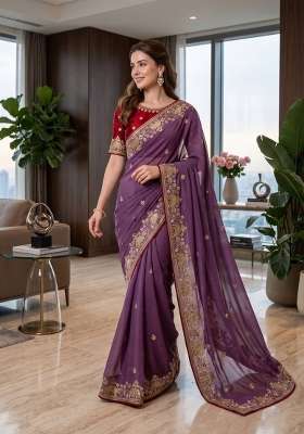 Lavender Floral Print Georgette Saree Set