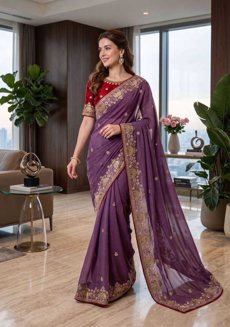 Lavender Floral Print Georgette Saree Set - Indya