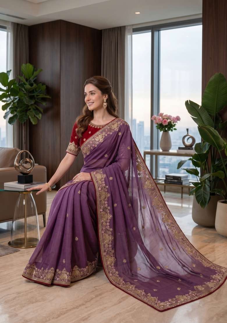 Lavender Floral Print Georgette Saree Set - Indya