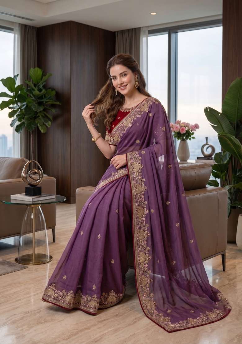Lavender Floral Print Georgette Saree Set - Indya