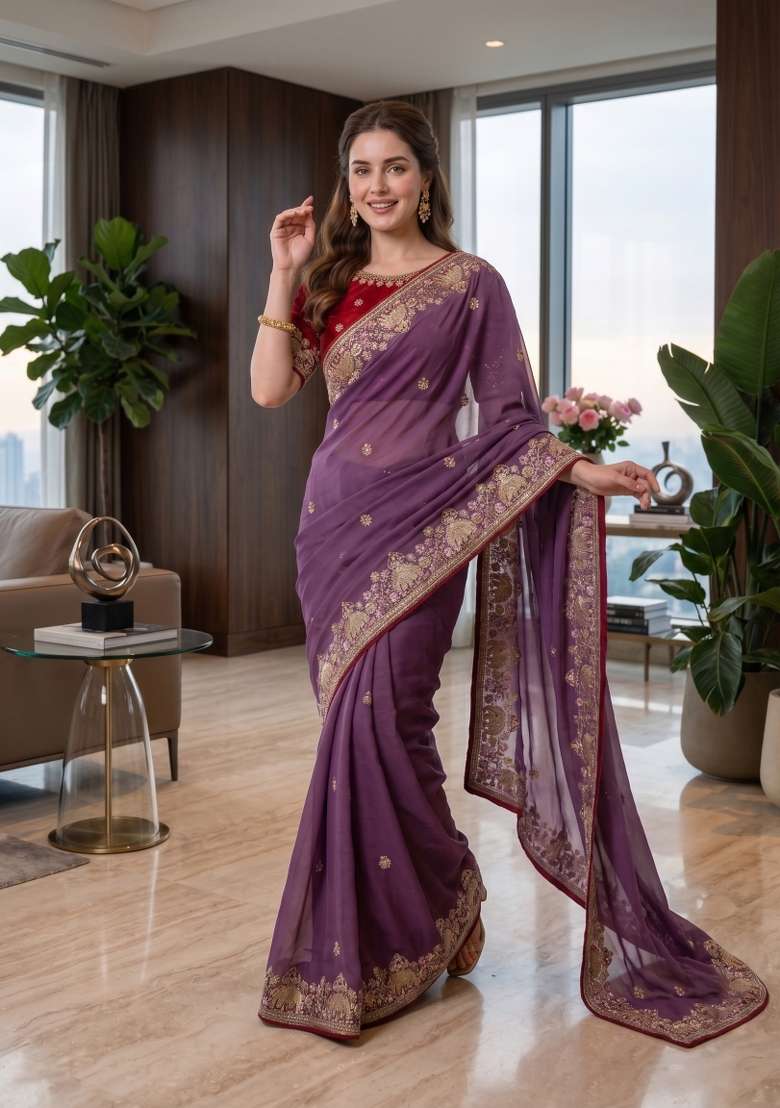 Lavender Floral Print Georgette Saree Set - Indya
