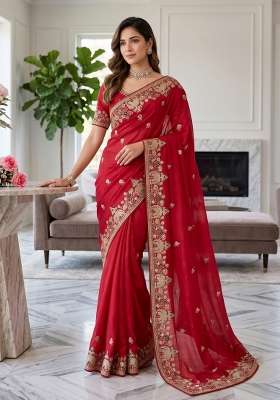 Red Floral Print Georgette Saree Set
