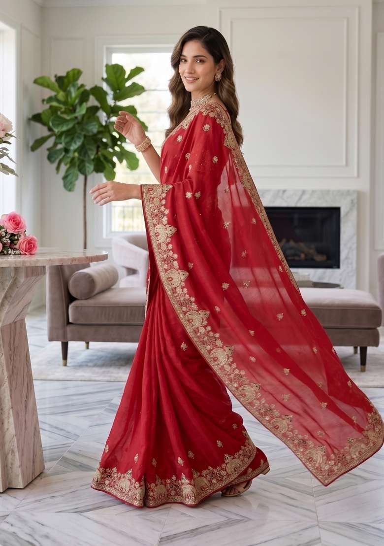 Red Floral Print Georgette Saree Set - Indya