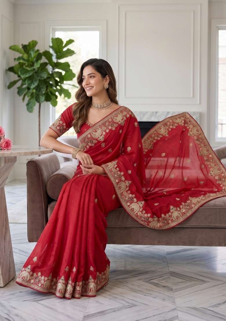 Red Floral Print Georgette Saree Set - Indya