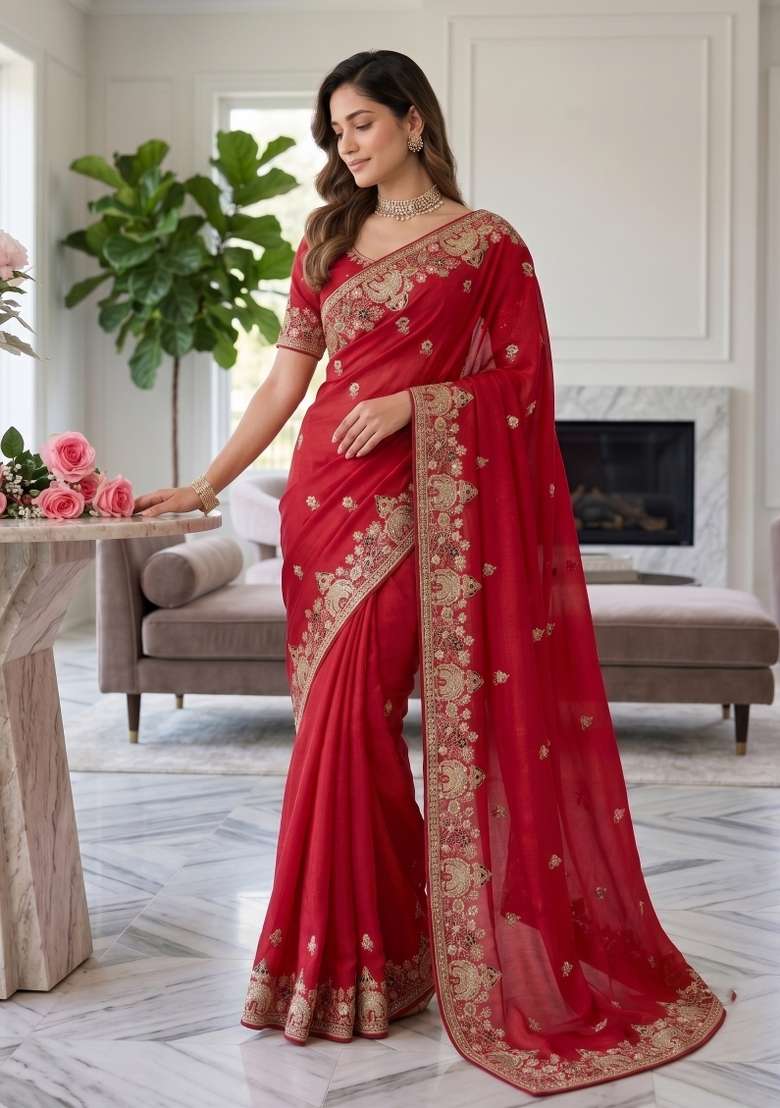 Red Floral Print Georgette Saree Set - Indya