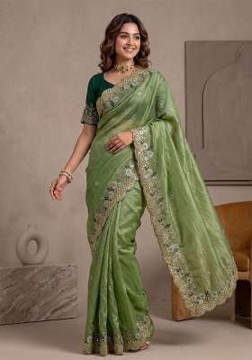 Green Butta Work Gold Crush Saree Set
