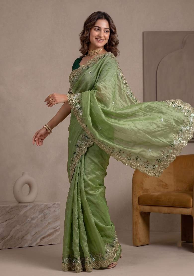 Green Butta Work Gold Crush Saree Set - Indya