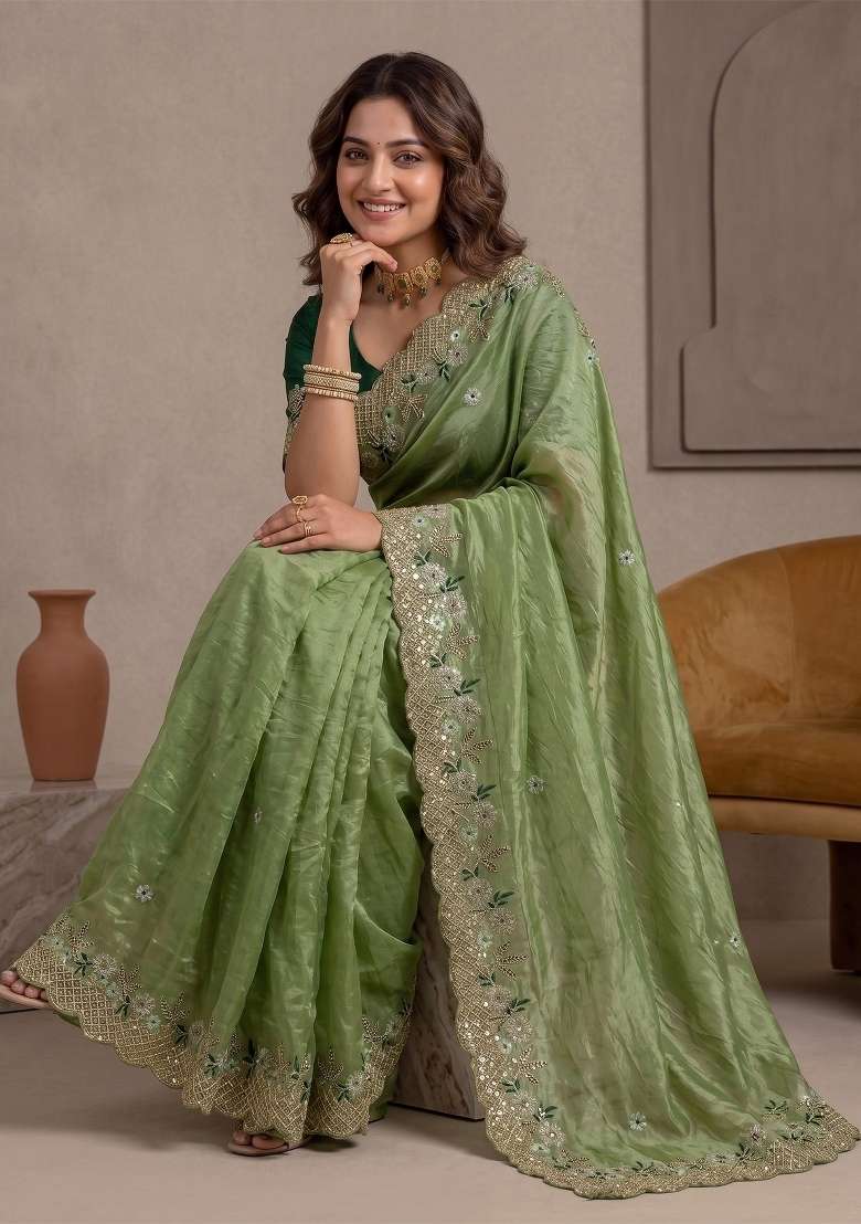 Green Butta Work Gold Crush Saree Set - Indya