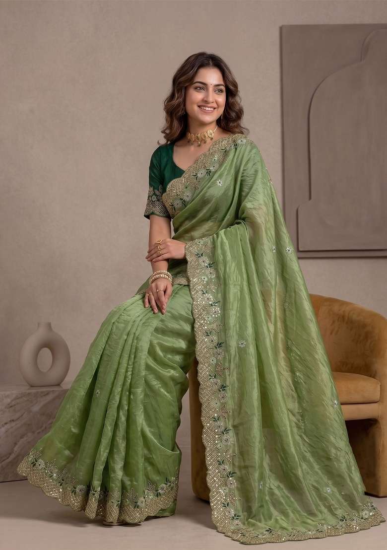 Green Butta Work Gold Crush Saree Set - Indya