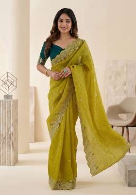 Yellow Butta Work Gold Crush Saree Set