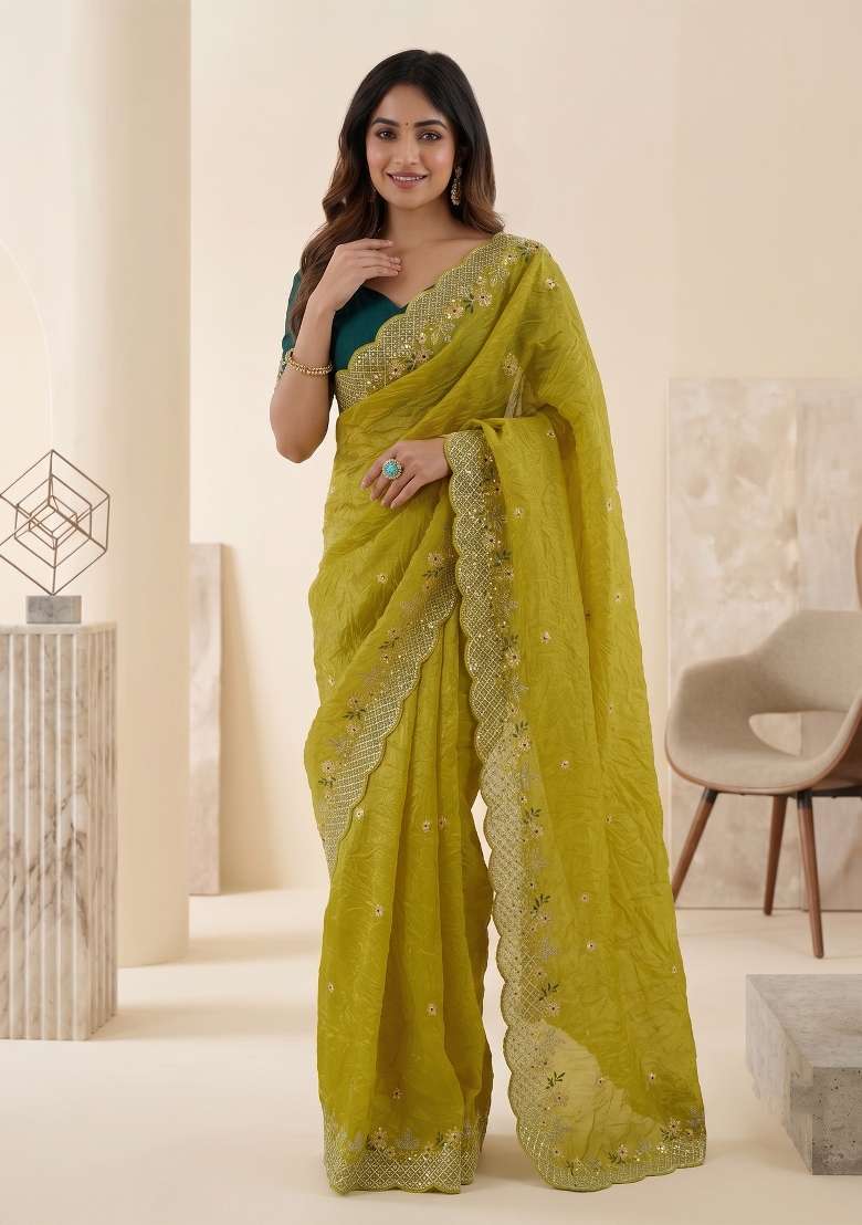 Yellow Butta Work Gold Crush Saree Set - Indya