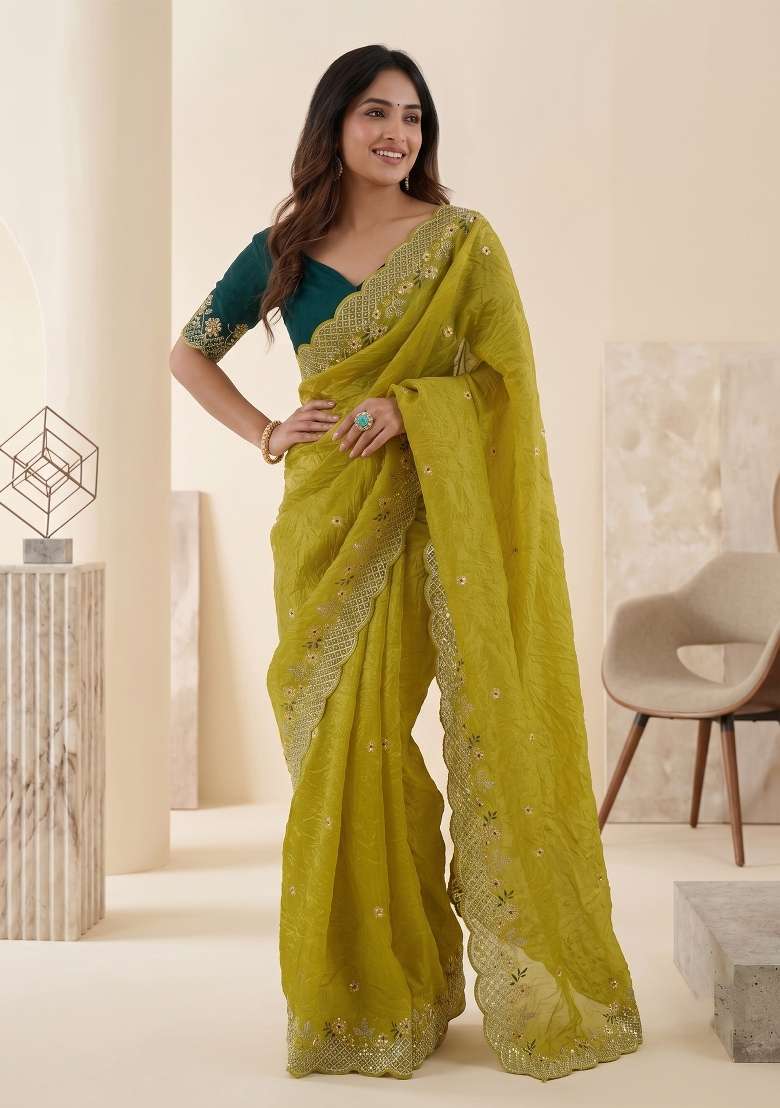 Yellow Butta Work Gold Crush Saree Set - Indya