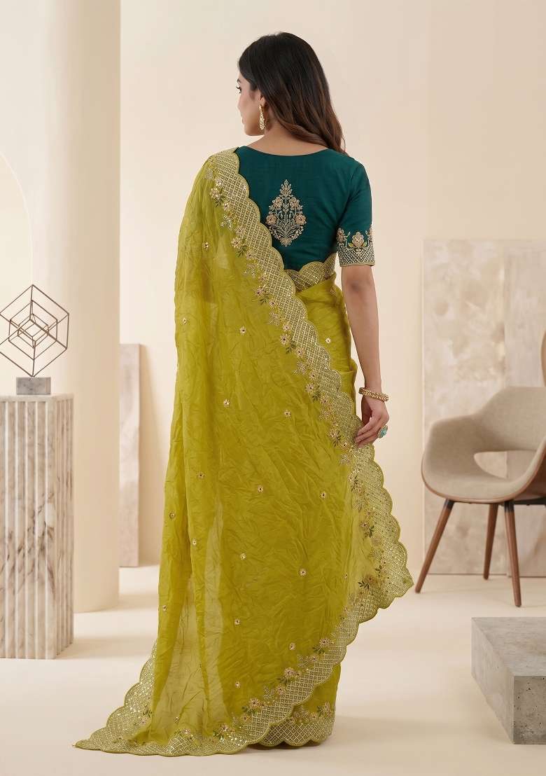 Yellow Butta Work Gold Crush Saree Set - Indya
