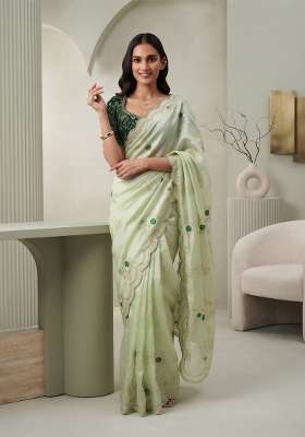 Pastel Mint Green Floral Print Satin Saree Set