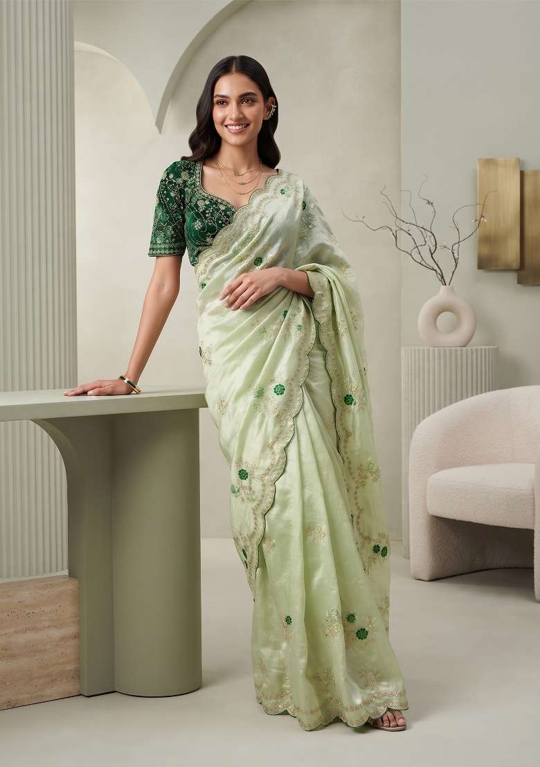 Pastel Mint Green Floral Print Satin Saree Set - Indya