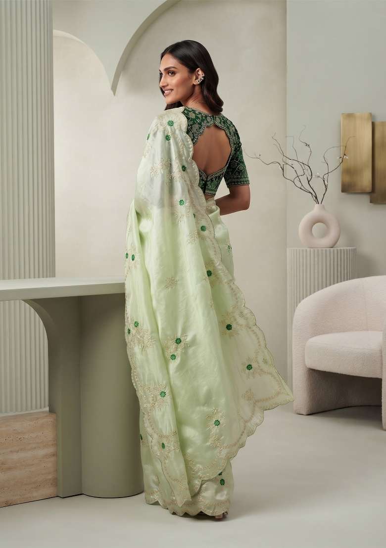Pastel Mint Green Floral Print Satin Saree Set - Indya