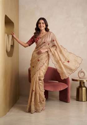 Beige Floral Print Satin Saree Set