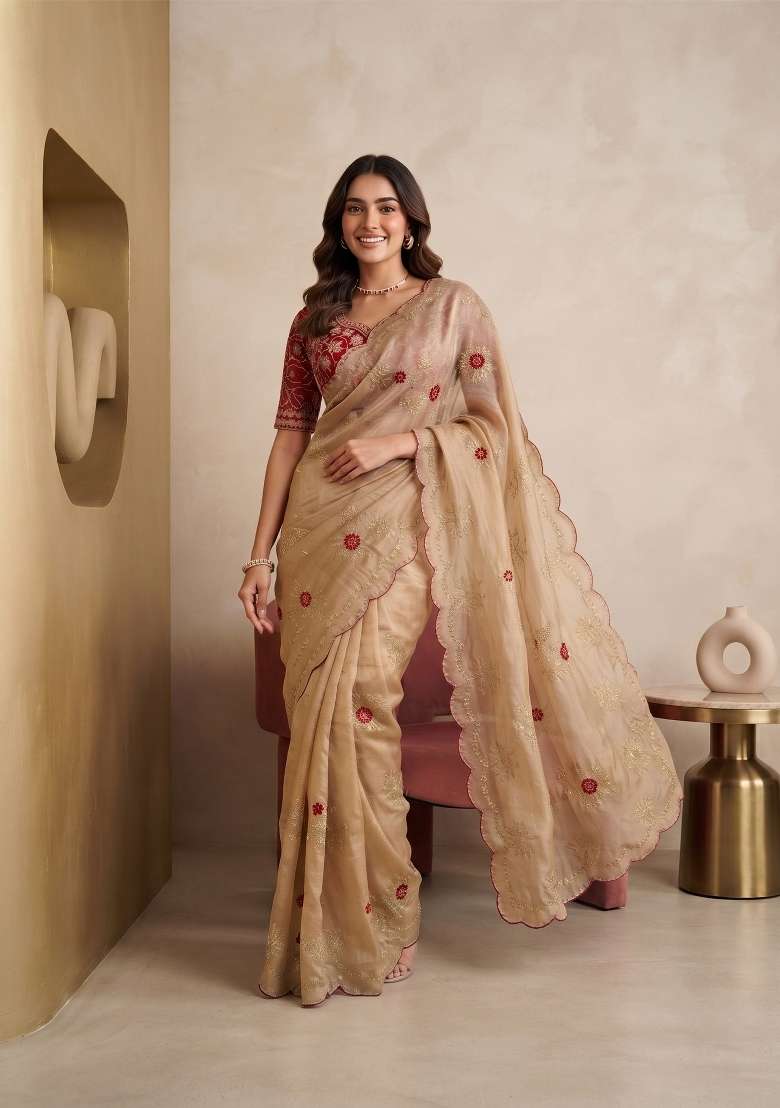 Beige Floral Print Satin Saree Set - Indya