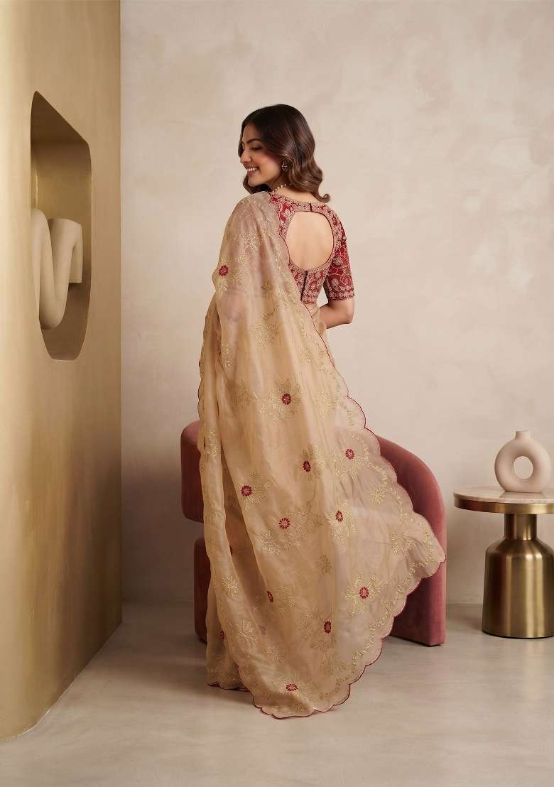 Beige Floral Print Satin Saree Set - Indya