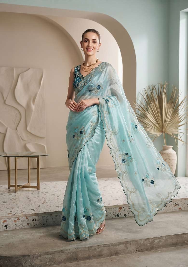 Aqua Blue Floral Print Satin Saree Set - Indya