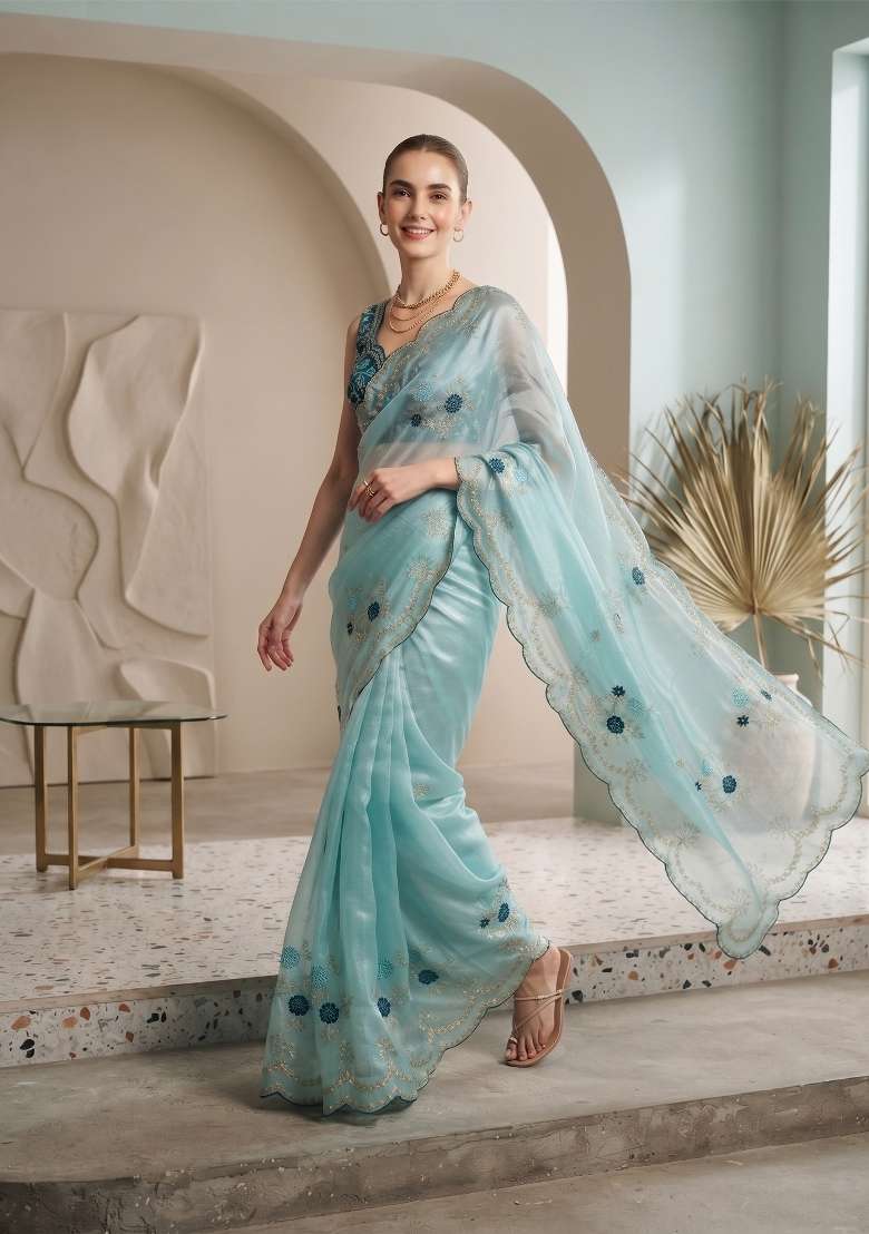 Aqua Blue Floral Print Satin Saree Set - Indya