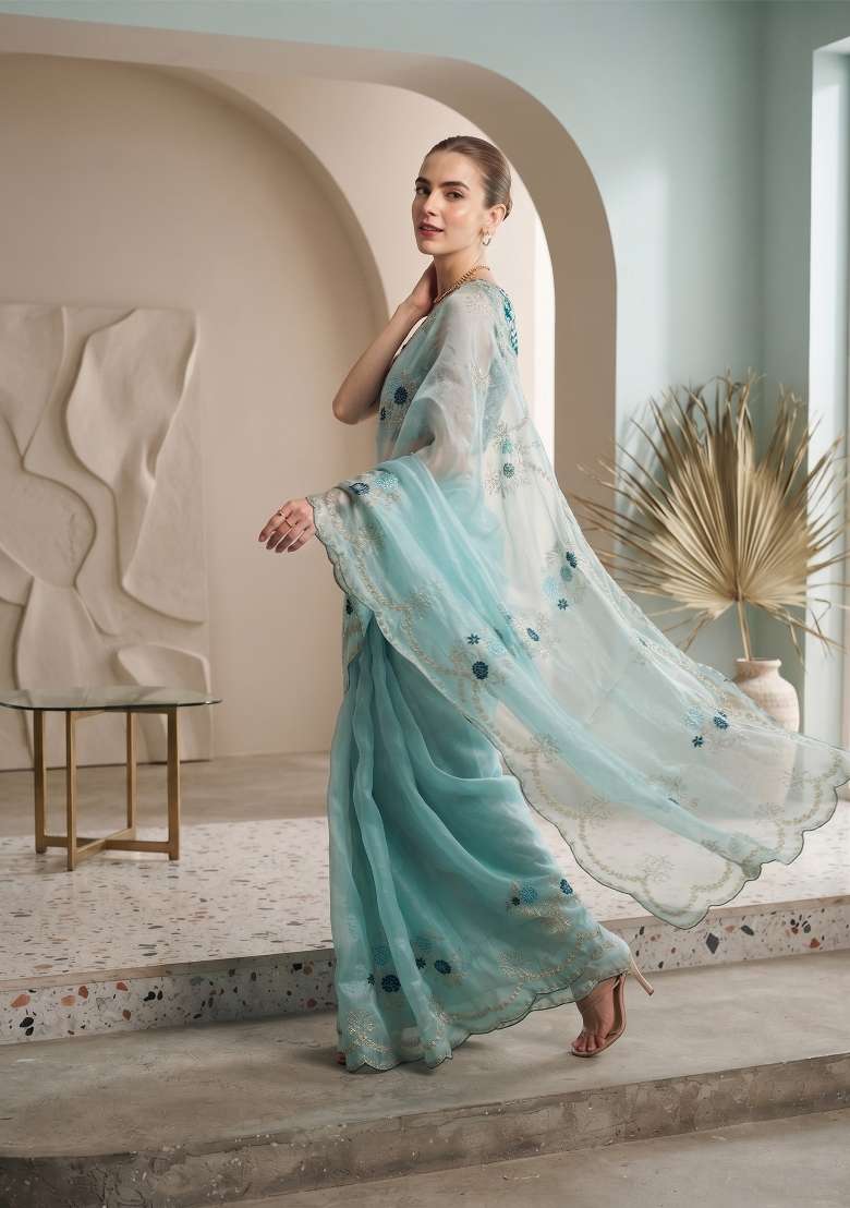 Aqua Blue Floral Print Satin Saree Set - Indya