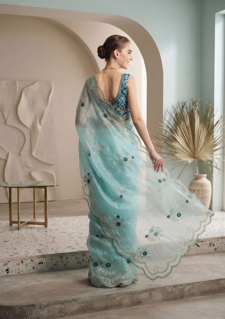 Aqua Blue Floral Print Satin Saree Set - Indya