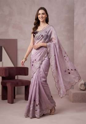 Lavender Floral Print Satin Saree Set