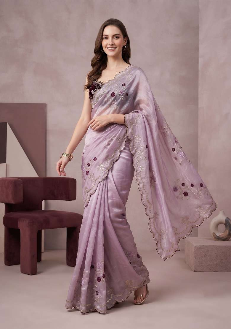 Lavender Floral Print Satin Saree Set - Indya