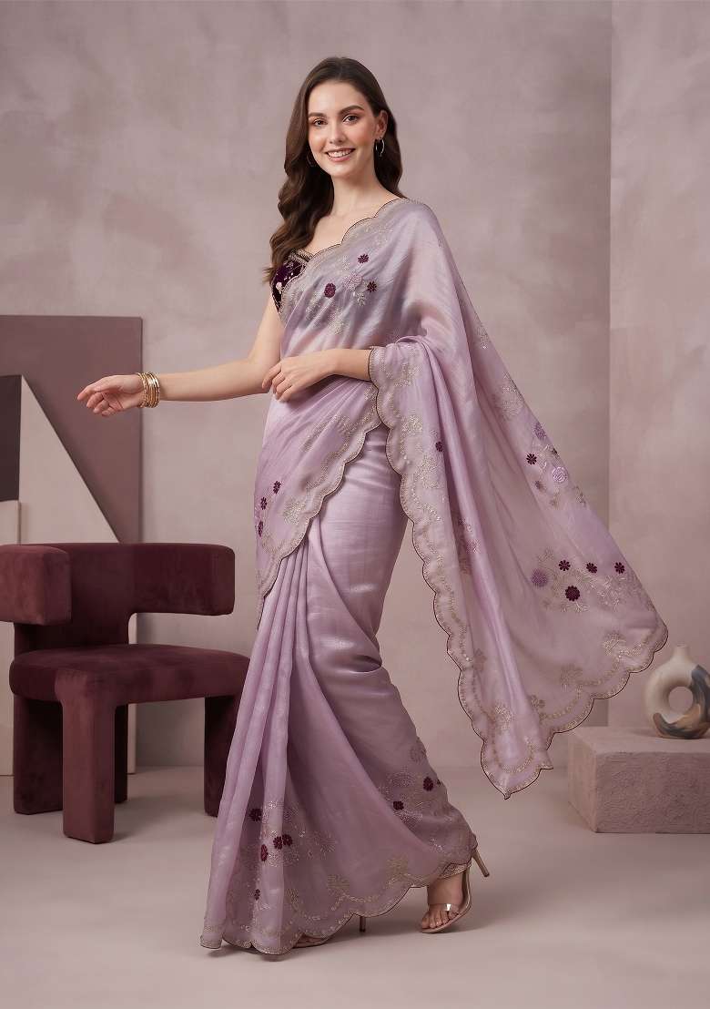 Lavender Floral Print Satin Saree Set - Indya