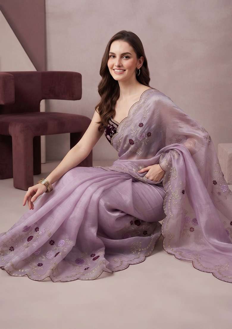 Lavender Floral Print Satin Saree Set - Indya