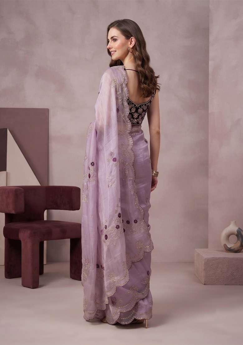 Lavender Floral Print Satin Saree Set - Indya