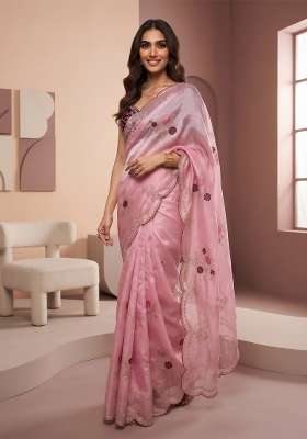 Baby Pink Floral Print Satin Saree Set