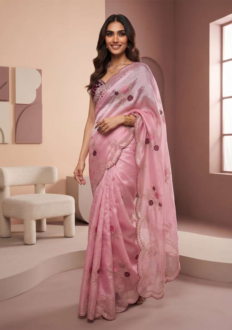 Baby Pink Floral Print Satin Saree Set - Indya