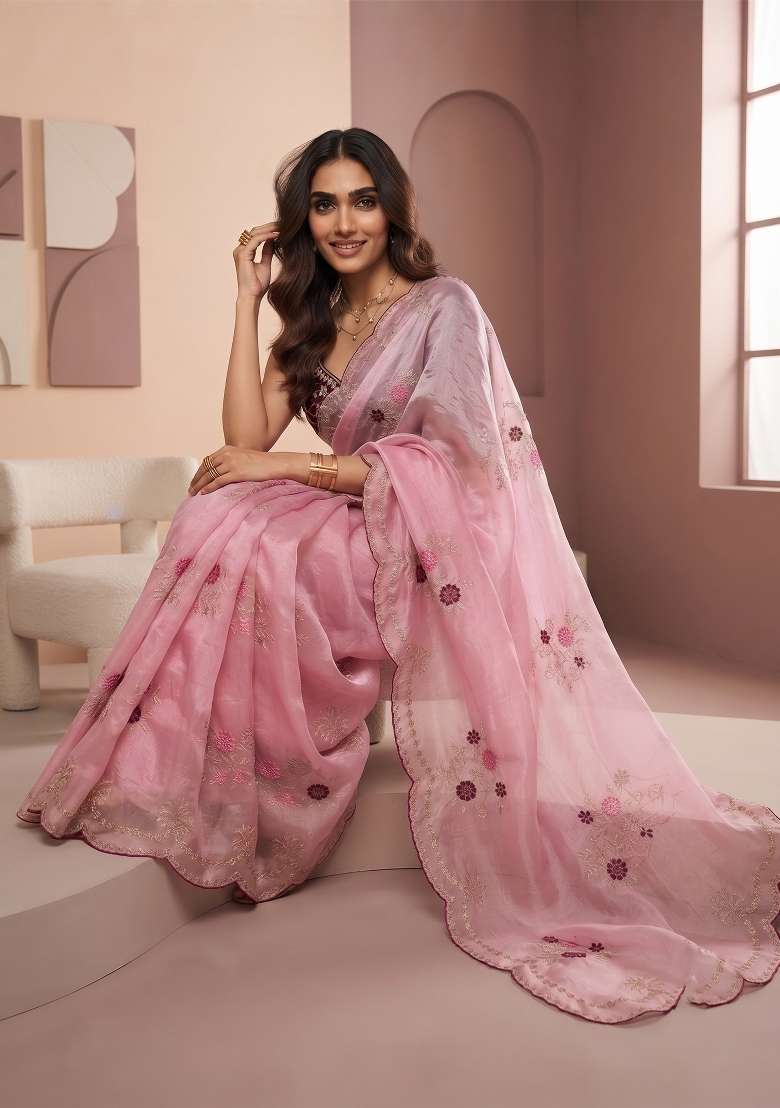 Baby Pink Floral Print Satin Saree Set - Indya