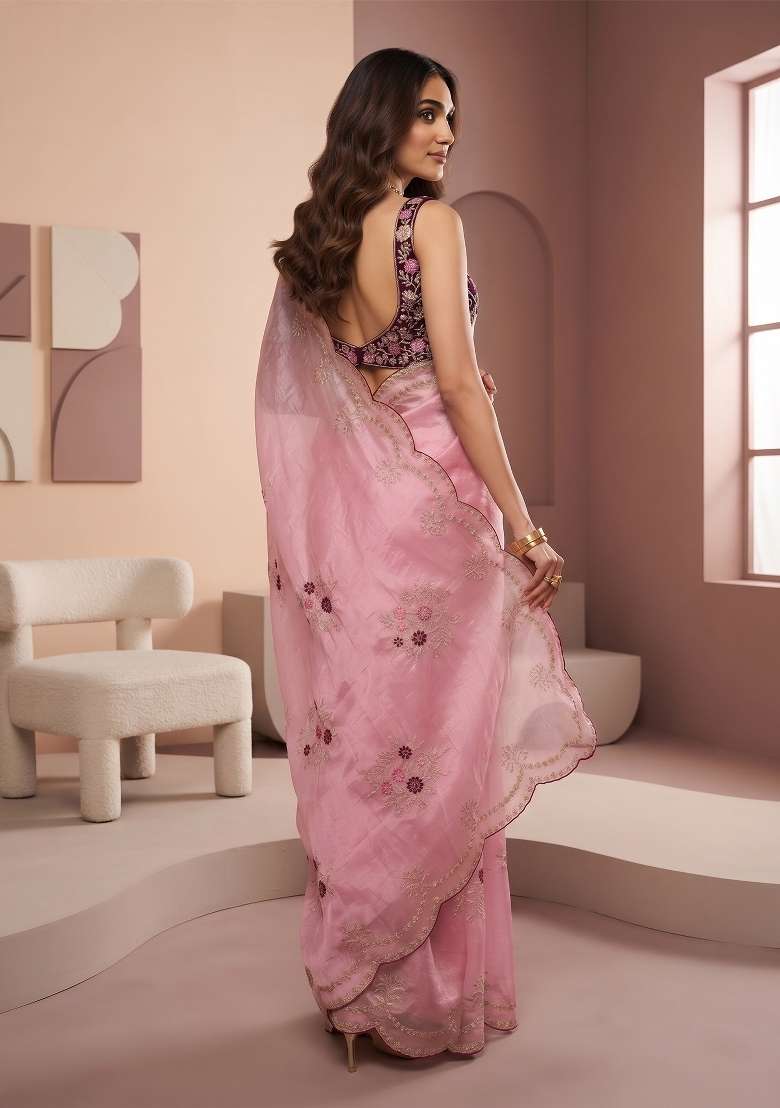 Baby Pink Floral Print Satin Saree Set - Indya