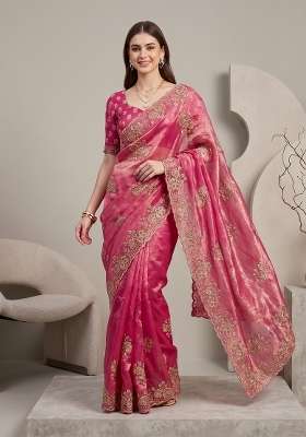 Rani Pink Floral Print Satin Saree Set